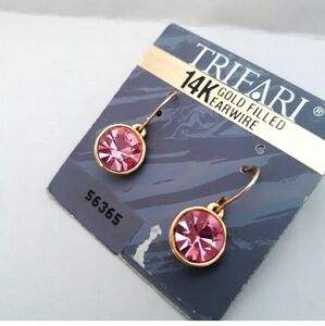 Vintage Trifari Pink Crystal Earrings 14K Gold Filled Wire Dangles New Old Stock